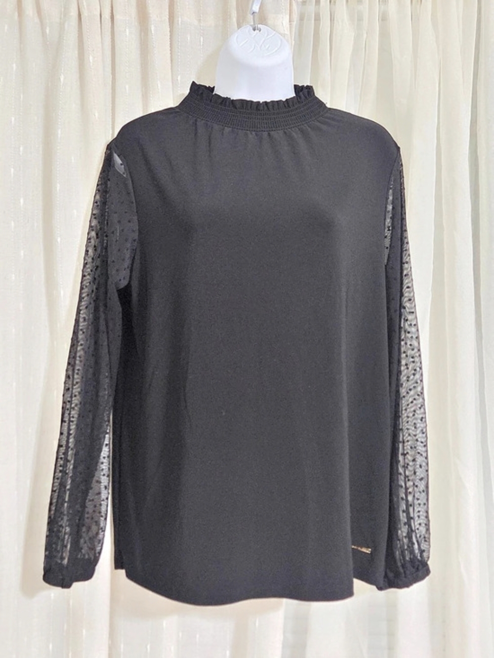 Anne Klein Black Polka Dot Sleeve Blouse Size Medium Like New